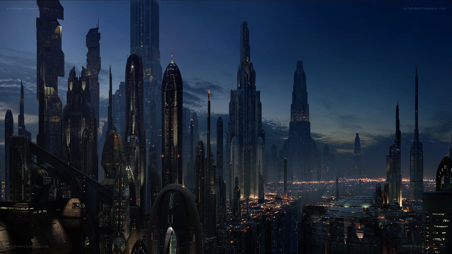 futuristic city skyline at dusk