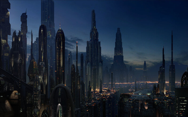 futuristic city skyline at dusk