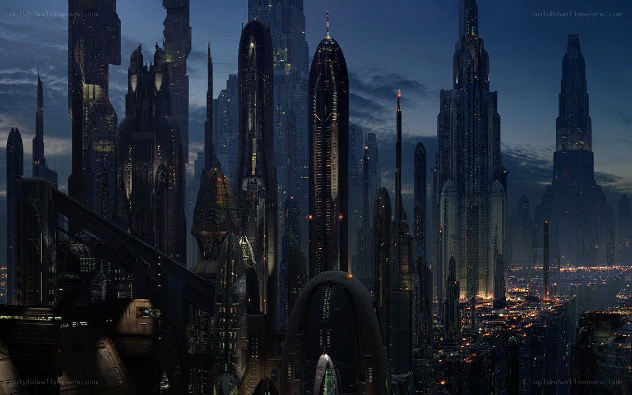futuristic city skyline at dusk