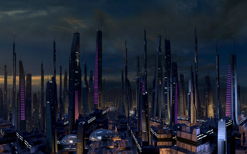 futuristic city skyline at night