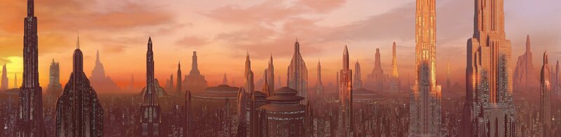 futuristic city skyline at sunset