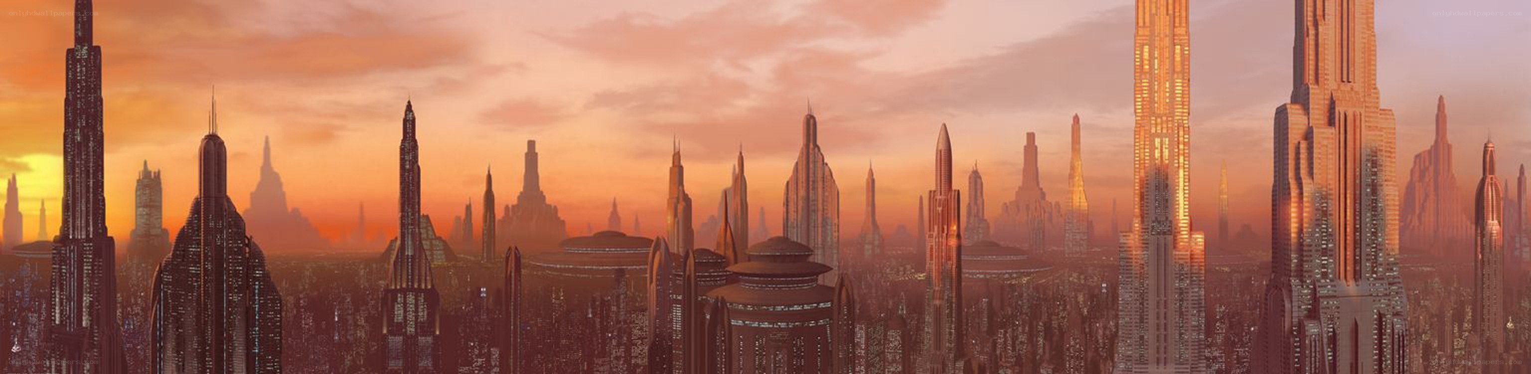 futuristic city skyline at sunset