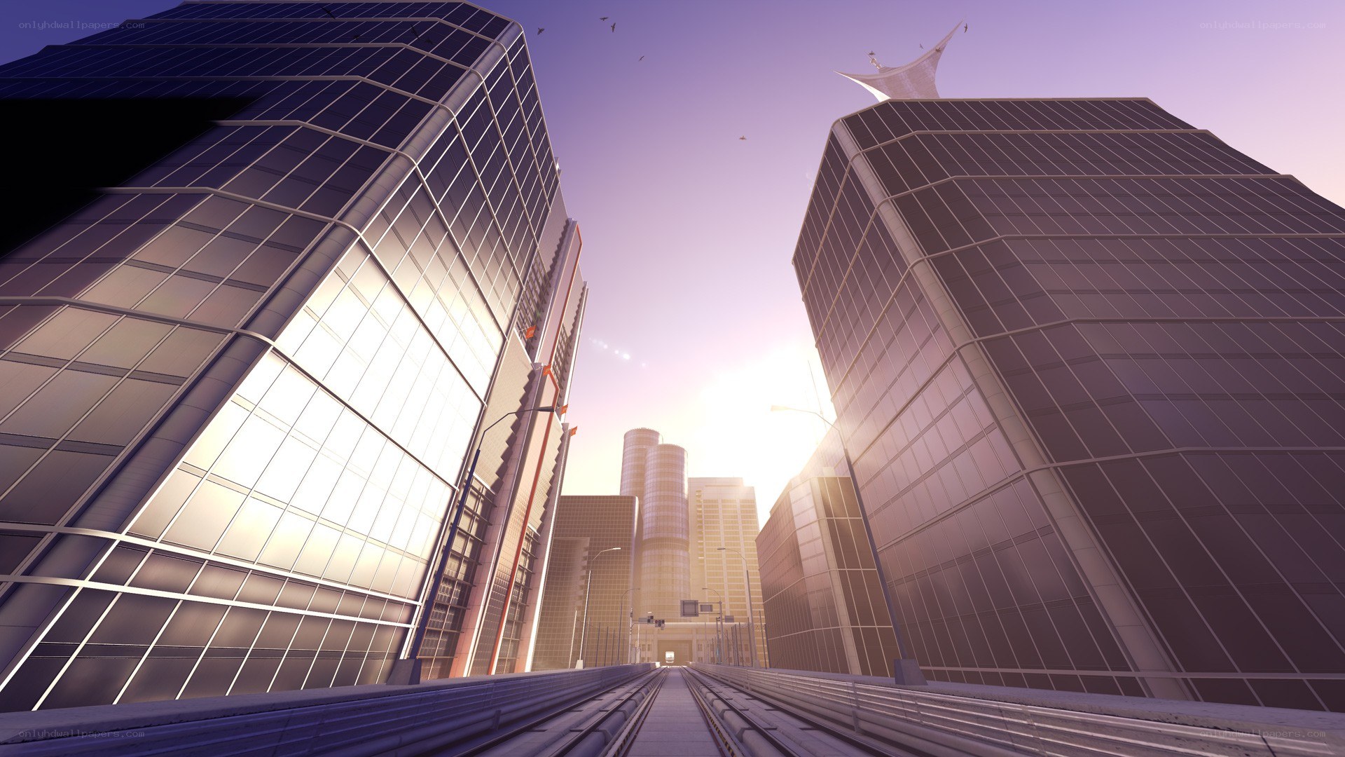 futuristic city skyline at sunset