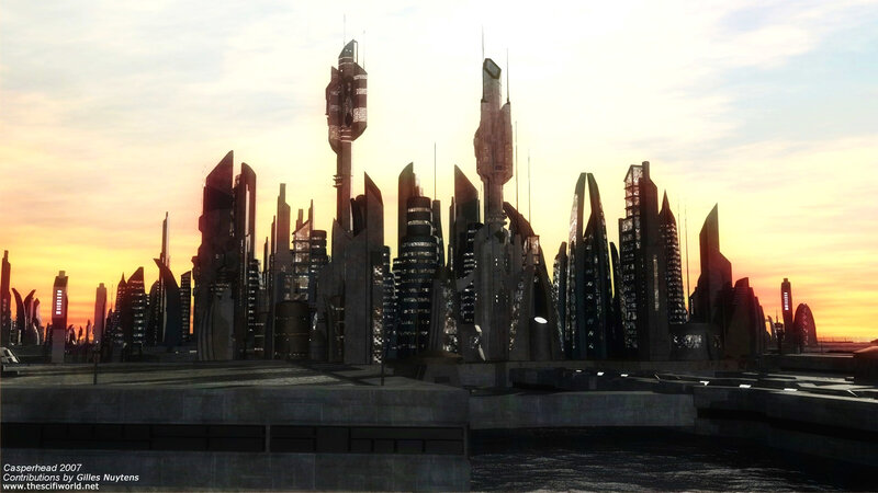 futuristic city skyline at sunset
