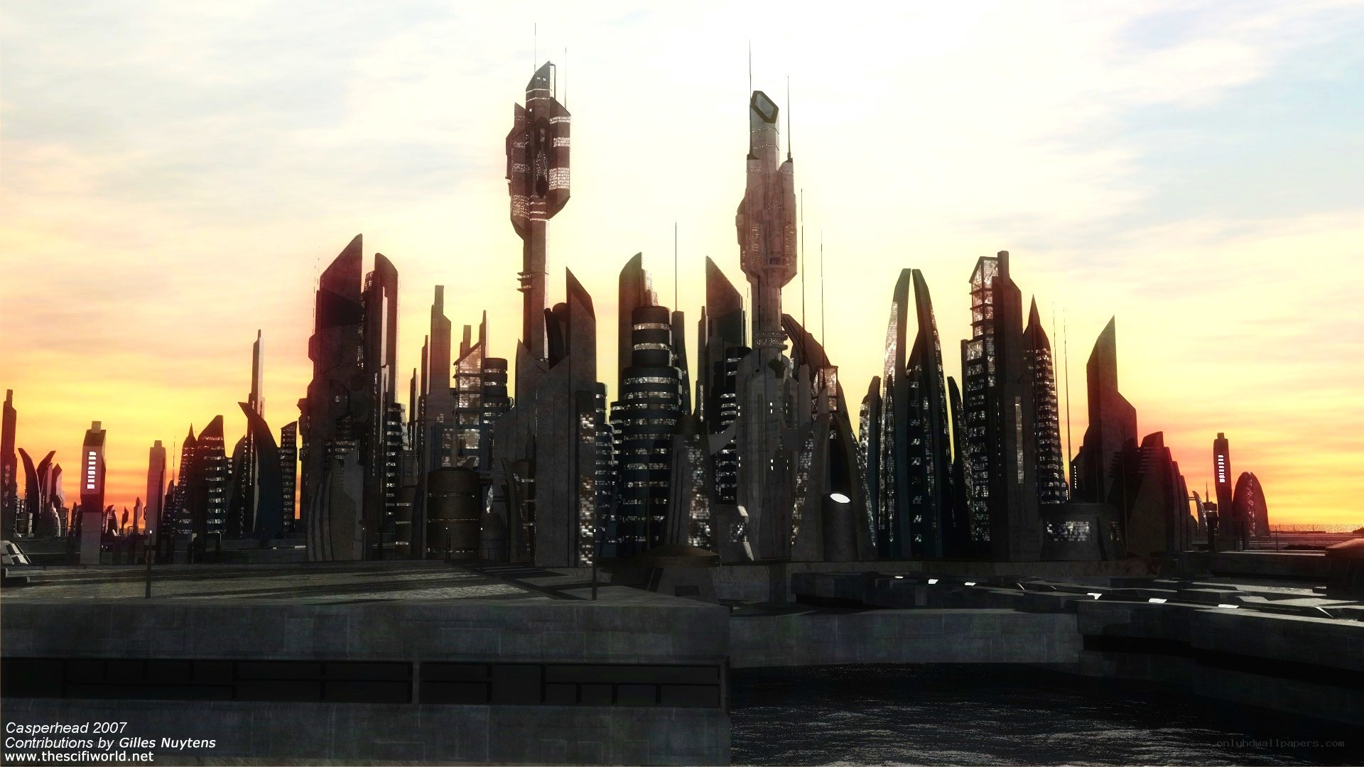 futuristic city skyline at sunset