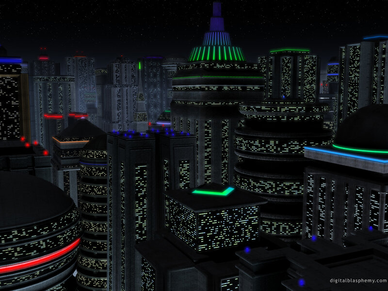 Futuristic City Skyline — Black, Dark, Night, 3d Render, Skyscrapers, Neon Lights