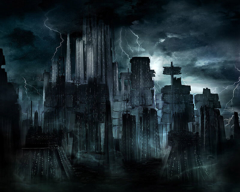 Futuristic City Skyline — Black, Dramatic, Night, Digital Art, Lightning