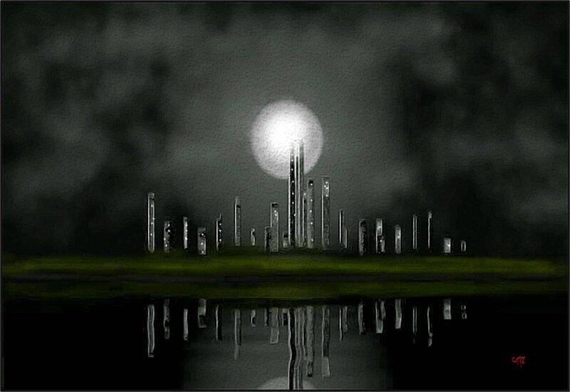 Futuristic City Skyline — Black, Dramatic, Night, Digital Art, Moon