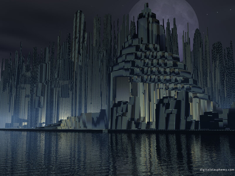 Futuristic City Skyline — Black, Dramatic, Night, Digital Art, Moon, Water