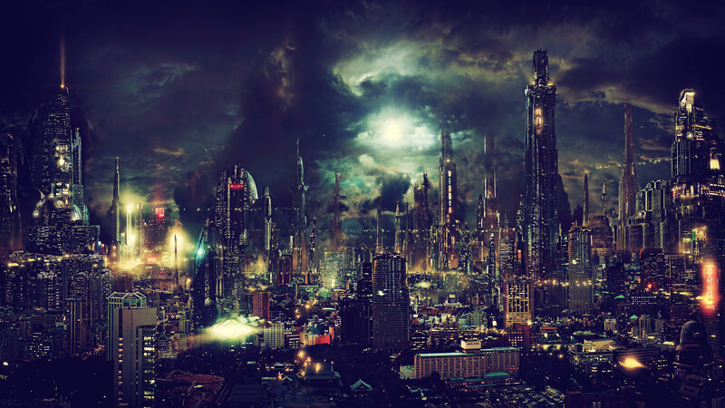 Futuristic City Skyline — Black, Dramatic, Night, Digital Art, Skyscrapers, Clouds