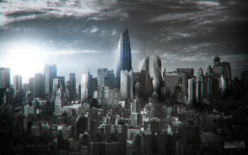 Futuristic City Skyline — Black, Dramatic, Night, Digital Art, Skyscrapers, Rain