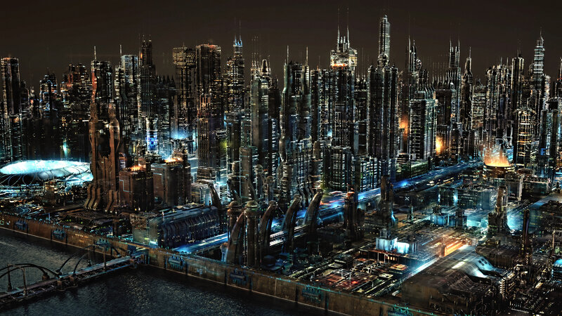 Futuristic City Skyline — Black, Dramatic, Night, Digital Art, Skyscrapers, River
