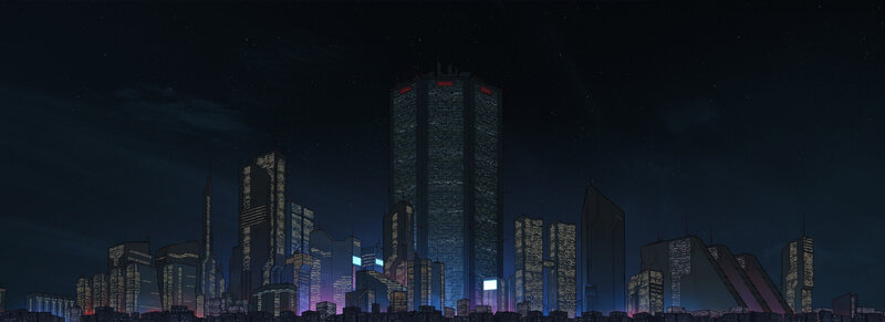 Futuristic City Skyline — Black, Dramatic, Night, Digital Art, Skyscrapers, Stars