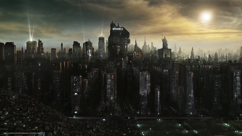 Futuristic City Skyline — Black, Dramatic, Night, Digital Art, Skyscrapers, Statue