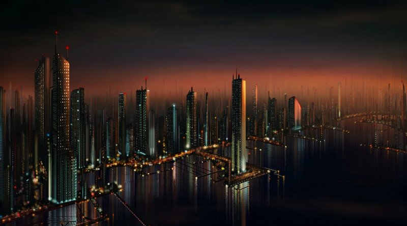 Futuristic City Skyline — Black, Dramatic, Night, Digital Art, Skyscrapers, Water, Bridges