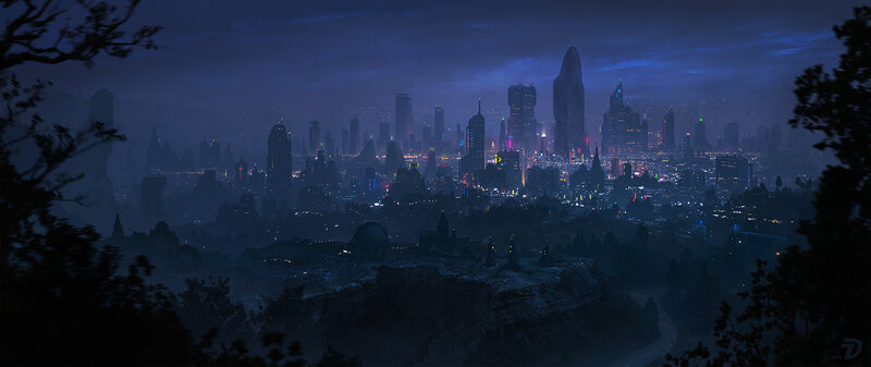 Futuristic City Skyline — Blue, Dark