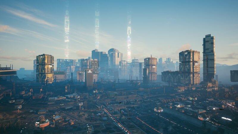 Futuristic City Skyline — Blue, Dramatic, Morning