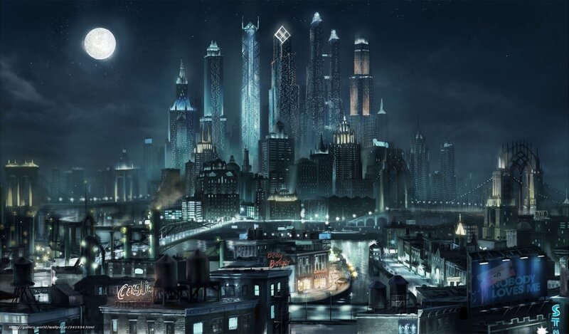 Futuristic City Skyline — Blue, Dramatic, Night, Digital Art, Moon