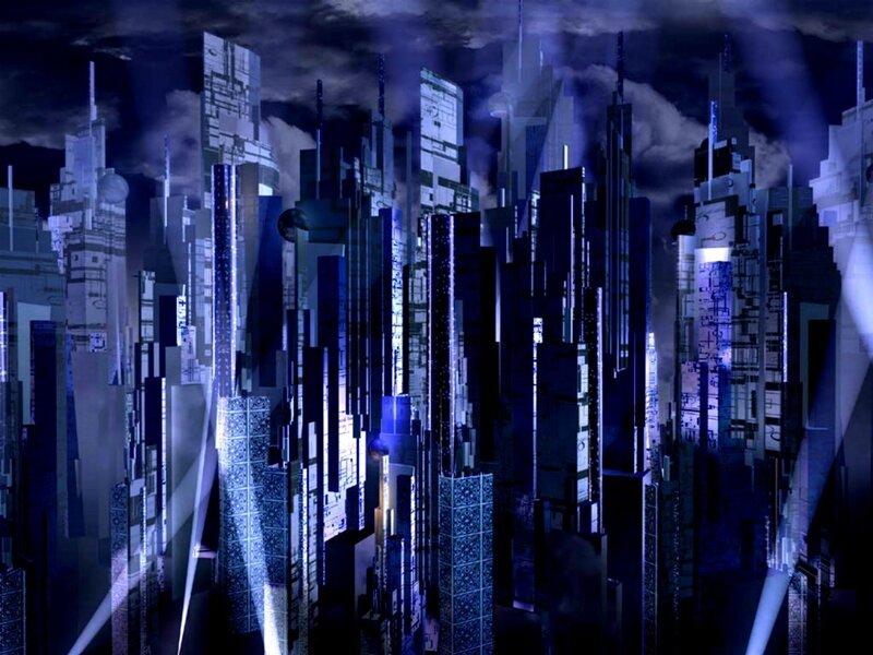 Futuristic City Skyline — Blue, Dramatic, Night, Digital Art, Skyscrapers, Clouds, Lights