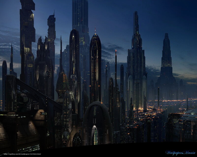 Futuristic City Skyline — Blue, Dramatic, Night, Digital Art, Skyscrapers, Lights, Clouds