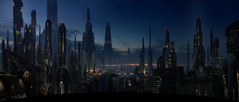 Futuristic City Skyline — Blue, Dramatic, Night, Digital Art, Skyscrapers, Lights, Sky, Black, Yellow