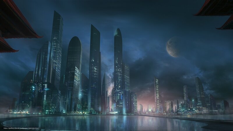 Futuristic City Skyline — Blue, Dramatic, Night, Digital Art, Skyscrapers, Moon