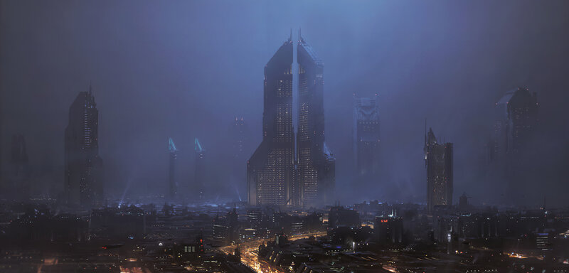 Futuristic City Skyline — Blue, Dramatic, Night, Digital Art, Skyscrapers, Neon Lights, Smog