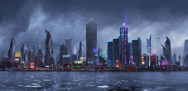 Futuristic City Skyline — Blue, Dramatic, Night, Digital Art, Skyscrapers, Neon Signs
