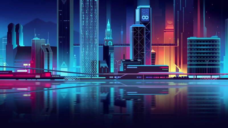 Futuristic City Skyline — Blue, Dramatic, Night, Digital Art, Skyscrapers, River