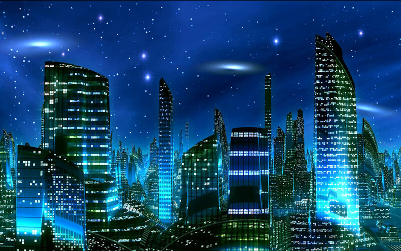 Futuristic City Skyline — Blue, Dramatic, Night, Digital Art, Skyscrapers, Stars, Night Sky