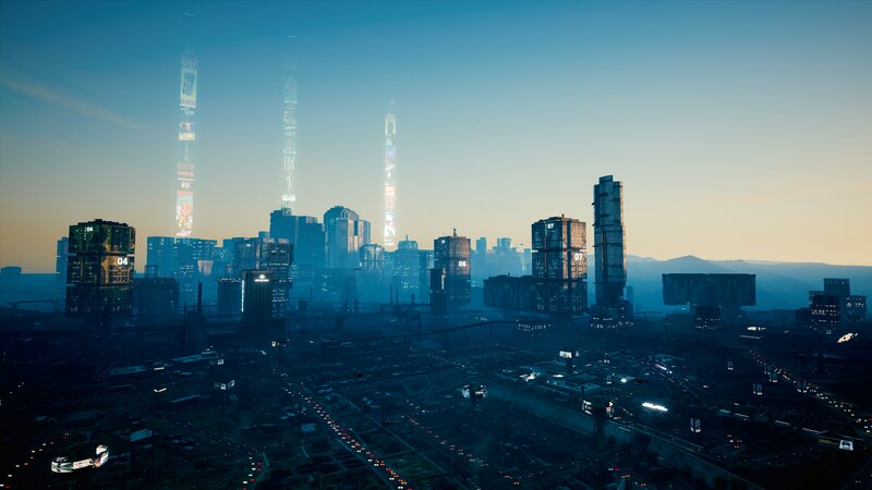 Futuristic City Skyline — Blue, Dramatic, Sunset, 3d Render, Skyscrapers
