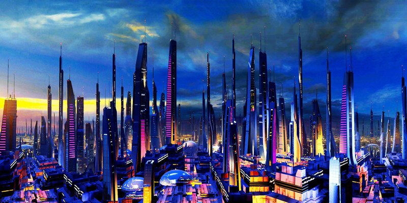 Futuristic City Skyline — Blue, Dramatic, Sunset, Digital Art, Skyscrapers, Dome Structures