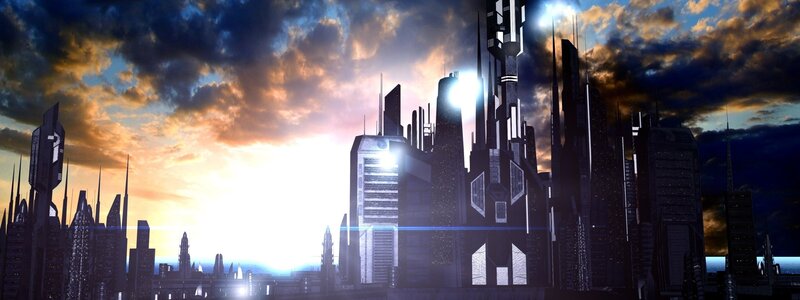 Futuristic City Skyline — Blue, Dramatic, Sunset, Digital Art, Skyscrapers