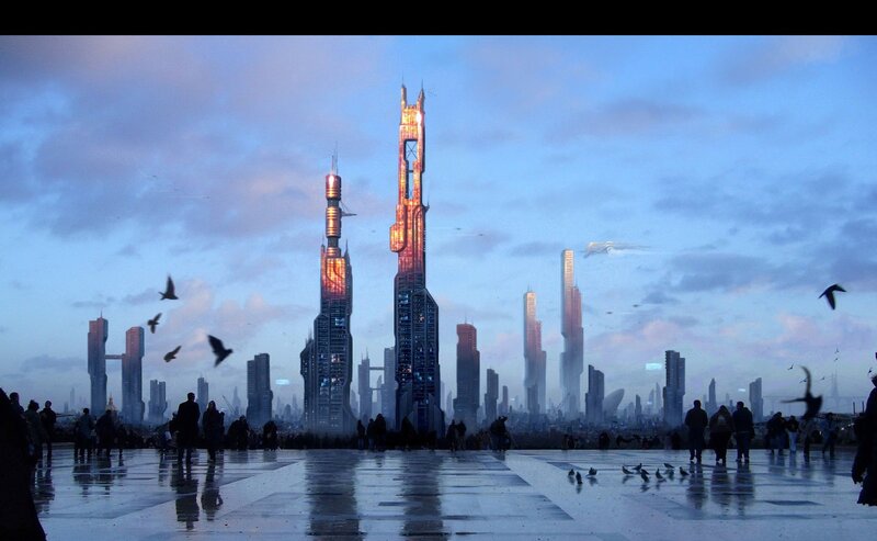 Futuristic City Skyline — Blue, Dramatic, Sunset, Digital Art