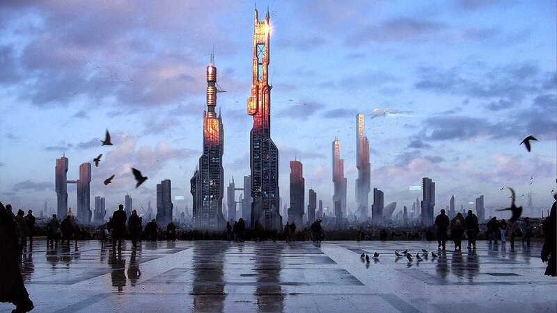 Futuristic City Skyline — Blue, Dramatic, Sunset