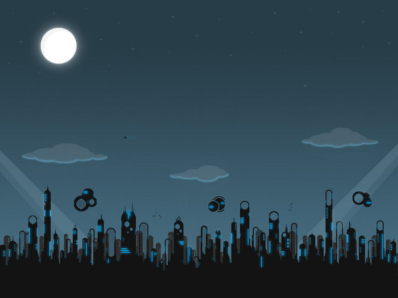 Futuristic City Skyline — Blue, Serene, Night, Digital Art