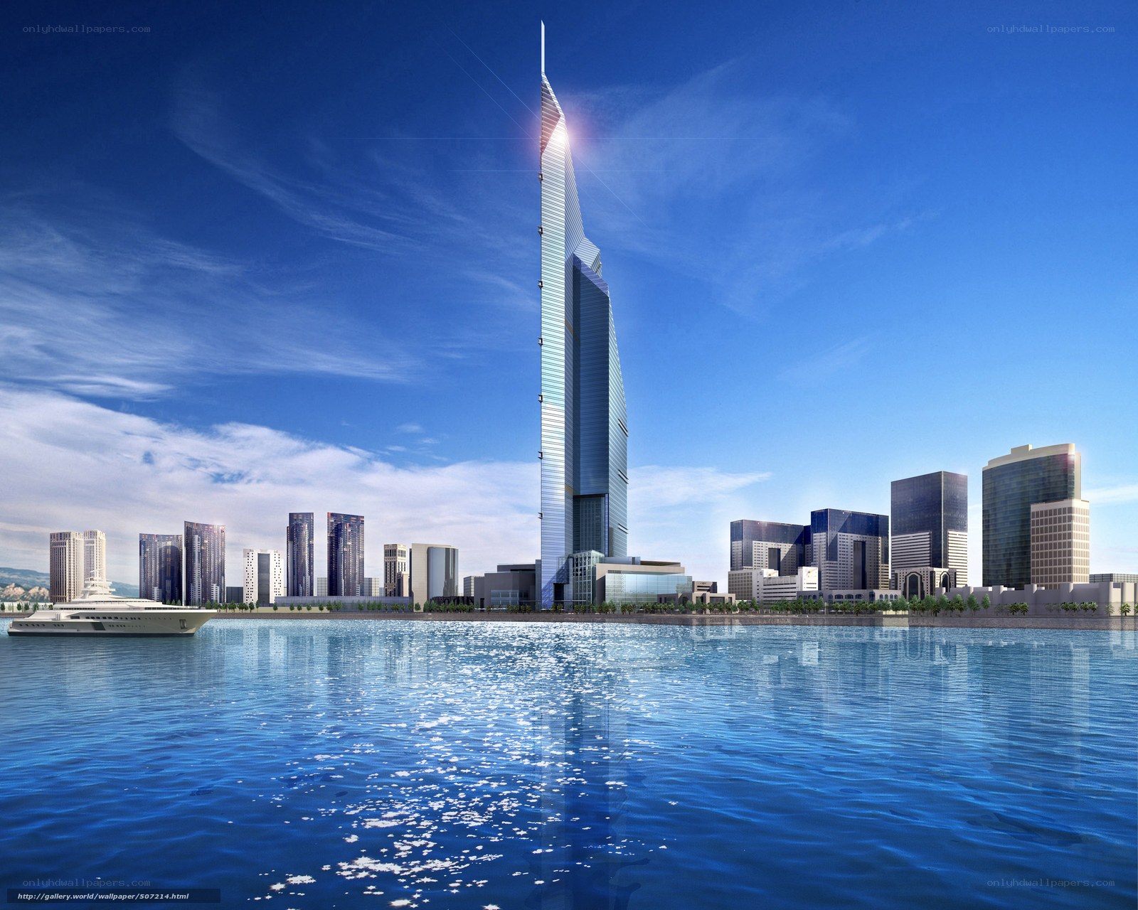 Futuristic city skyline by water
