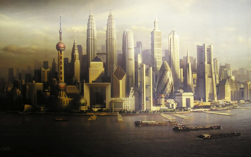 futuristic city skyline collage