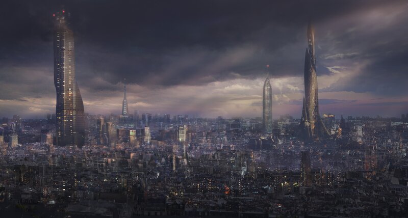 Futuristic City Skyline — Gray, Dramatic, Night