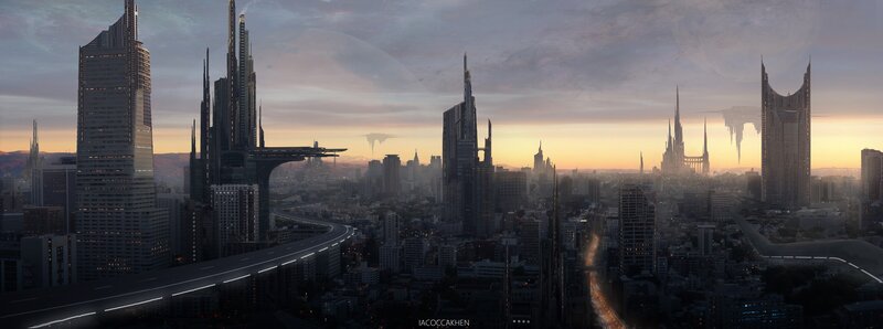Futuristic City Skyline — Gray, Dramatic, Sunset, Digital Art, Skyscrapers, Highway