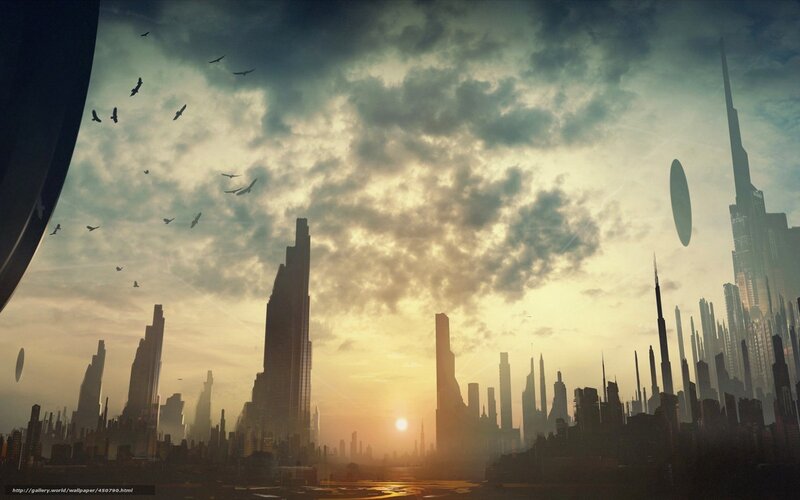 Futuristic City Skyline — Gray, Dramatic, Sunset, Digital Art, Skyscrapers