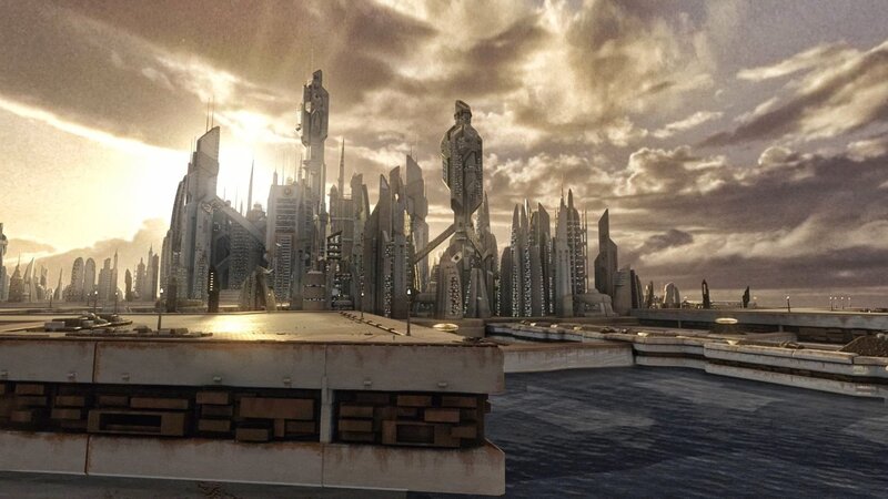 Futuristic City Skyline — Gray, Dramatic, Sunset, Digital Art