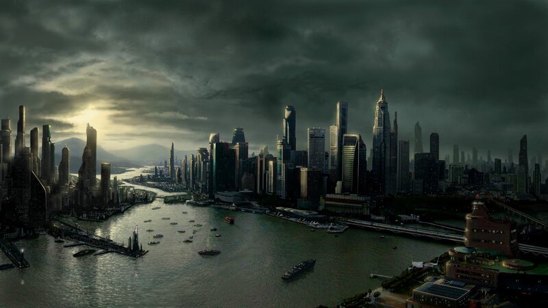 Futuristic City Skyline — Gray, Dramatic, Sunset