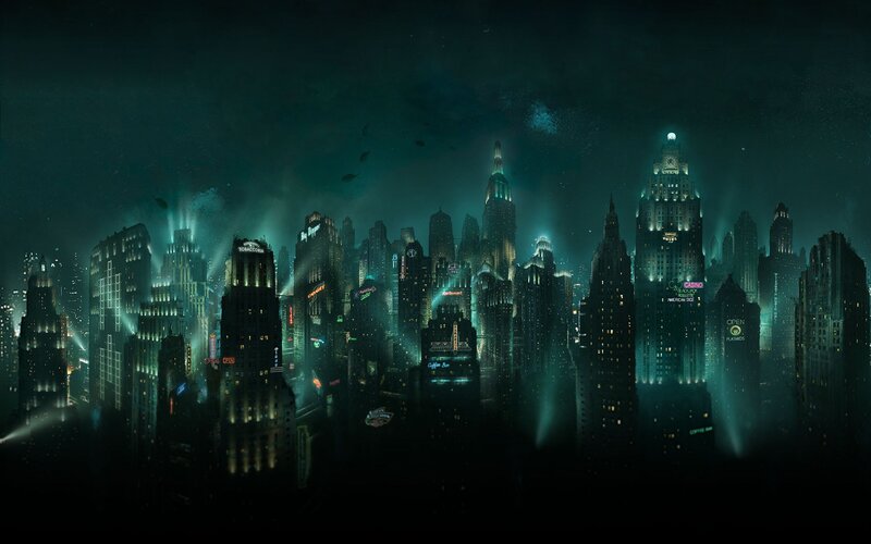 Futuristic City Skyline — Green, Dark, Mysterious