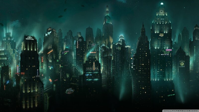 Futuristic City Skyline — Green, Dark, Night, Digital Art, Skyscrapers, Neon Signs, Clouds, Black