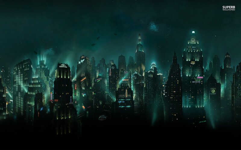 Futuristic City Skyline — Green, Dark, Night, Digital Art, Skyscrapers