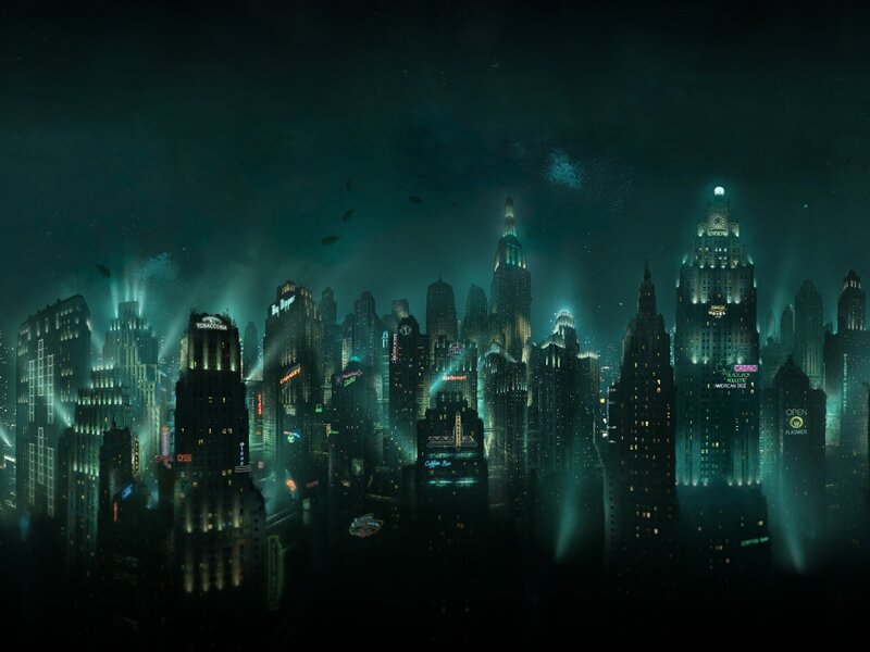 Futuristic City Skyline — Green, Dark