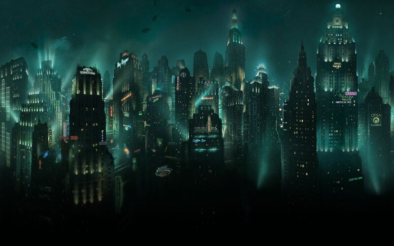 Futuristic City Skyline — Green, Dramatic, Night, Digital Art, Skyscrapers