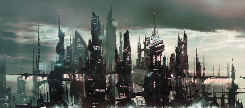 Futuristic City Skyline — Green, Dramatic, Night, Digital Art