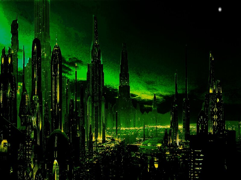 Futuristic City Skyline — Green, Dramatic